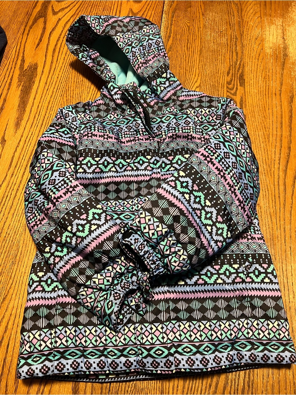 Place Girls' Hooded Puffer Jacket in Black with Pastel Pink & Mint